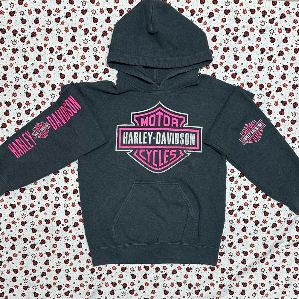 Harley-Davidson Pullover Hoodie Dark Gray Pink Logo Women's Small